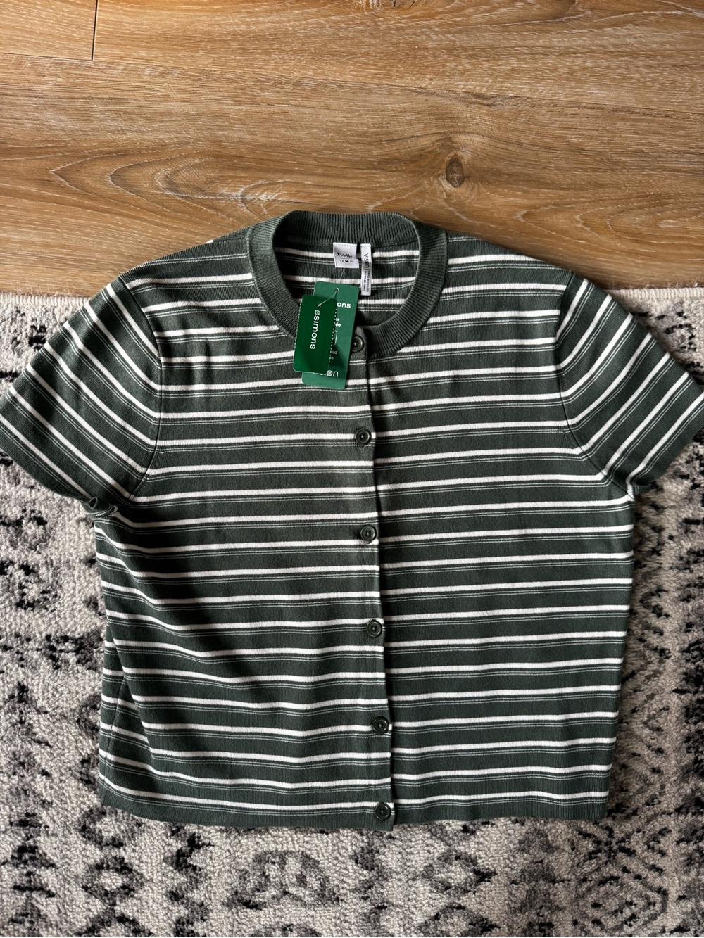 Simons Green and White Striped Short-Sleeve